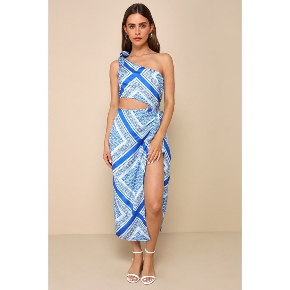 Lulus Vacay Beauty Blue Scarf Print One-shoulder Tie-strap Midi Dress - Size L